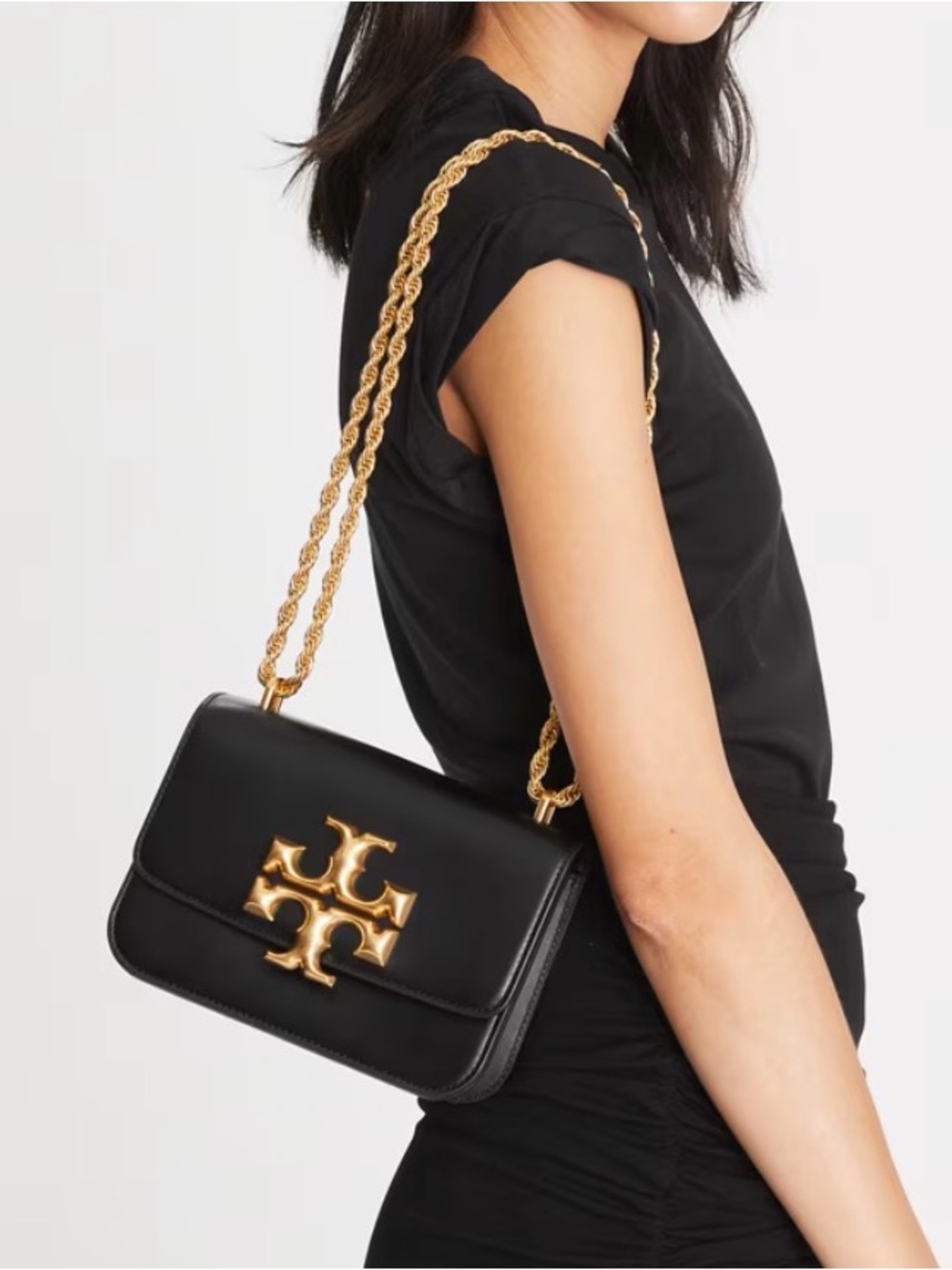 Tory Burch Black Leather Shoulder Bag with Gold Logo Chain